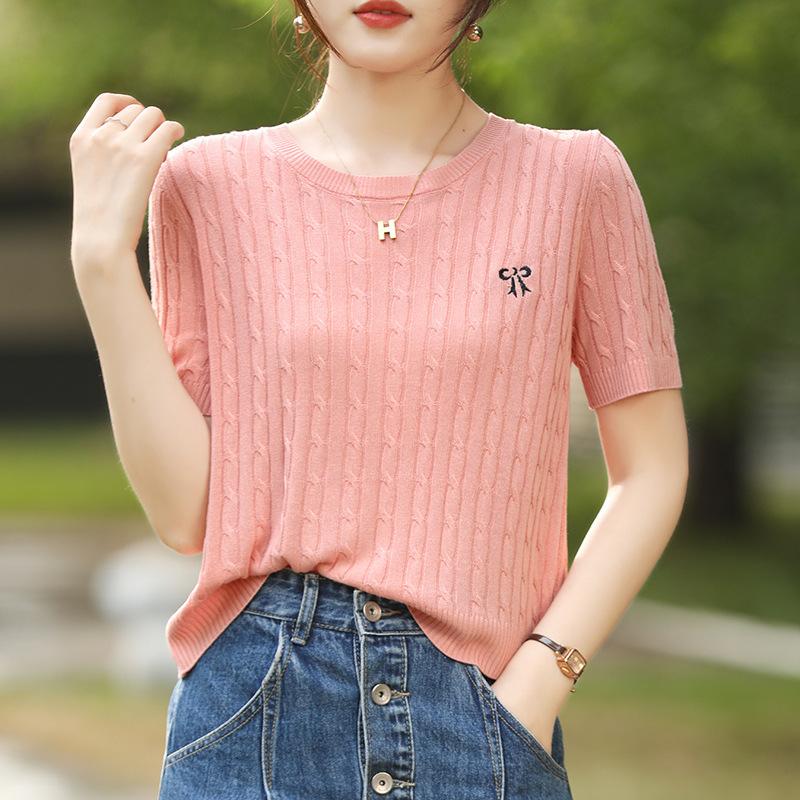 

Embroidered Bow Small Twisted Round Neck Sweater T-shirt for Women s Summer Age-reducing Short-sleeved Shirt M білий