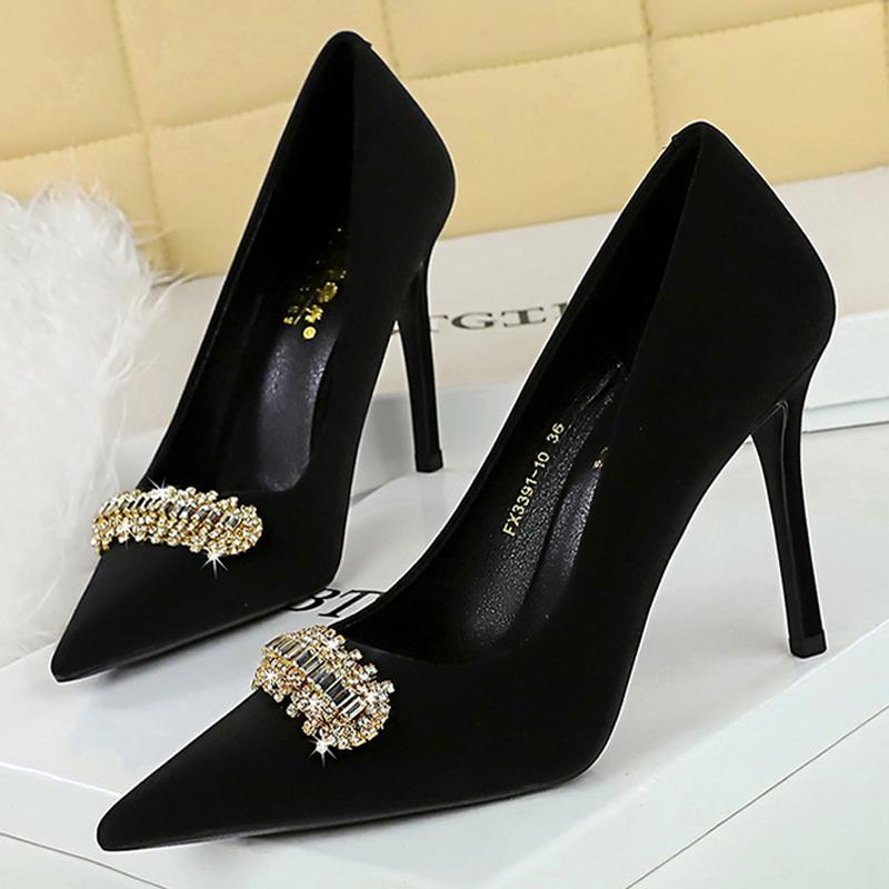 Rhinestone buckle Women Pumps high heels Stilettos 10 cm Luxury banquet shoes Sexy party shoes Ladies' wedding shoes