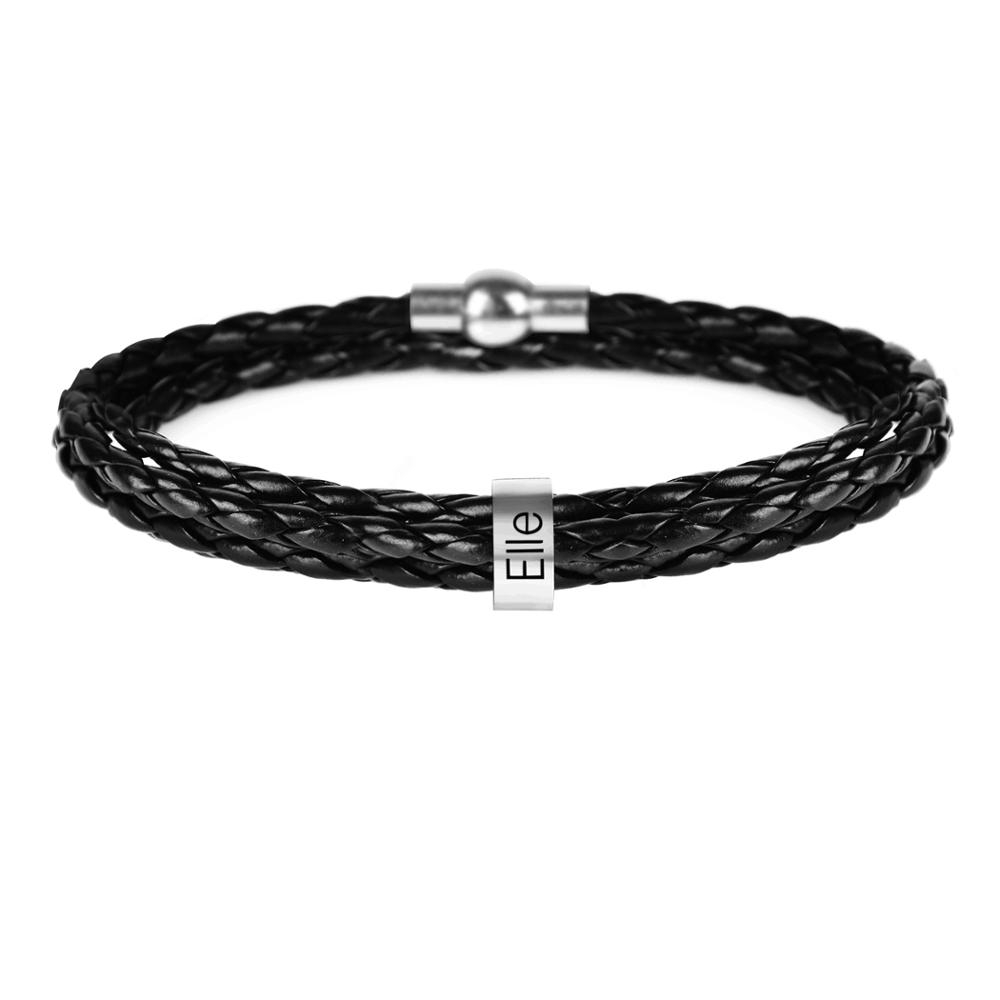 Lemegeton Custom Mens Bracelet 1-7 Names Engraved Beads Braided Leather Bracelets on Hand Personalized Jewelry Friendship Family