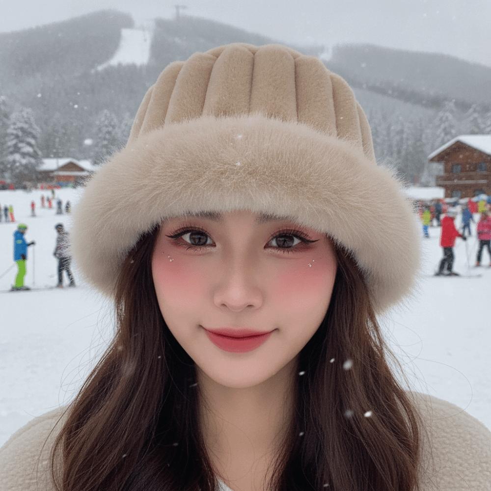 Faux Fur Brim Puffy Bucket Cap Vertical Texture Plush Trapper Hats Fluffy Winter Bonnet Students