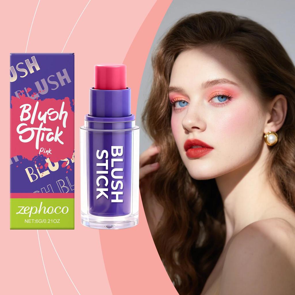 Zephoco Pink Blush Stick: Moisturizing, Silky Smooth, Natural Color for Daily Makeup.