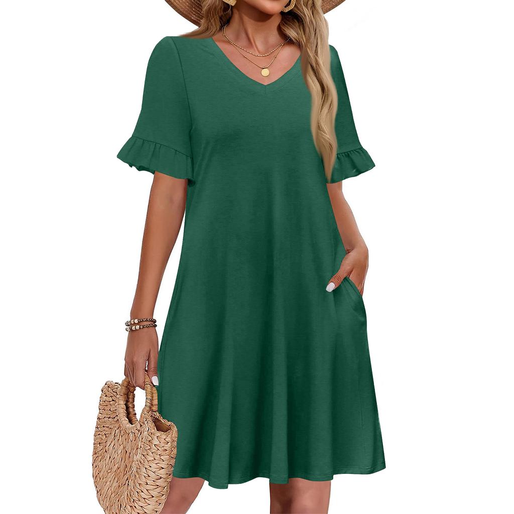 Women A Line Sun Dress Short Sleeve V Neck Dress With Pockets