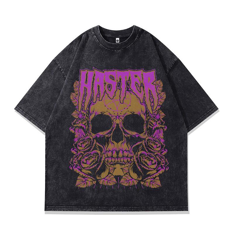 European And American High Street Punk Skull Print Vintage Washed Old Small Neckline Loose Short Sleeve T-Shirt Men