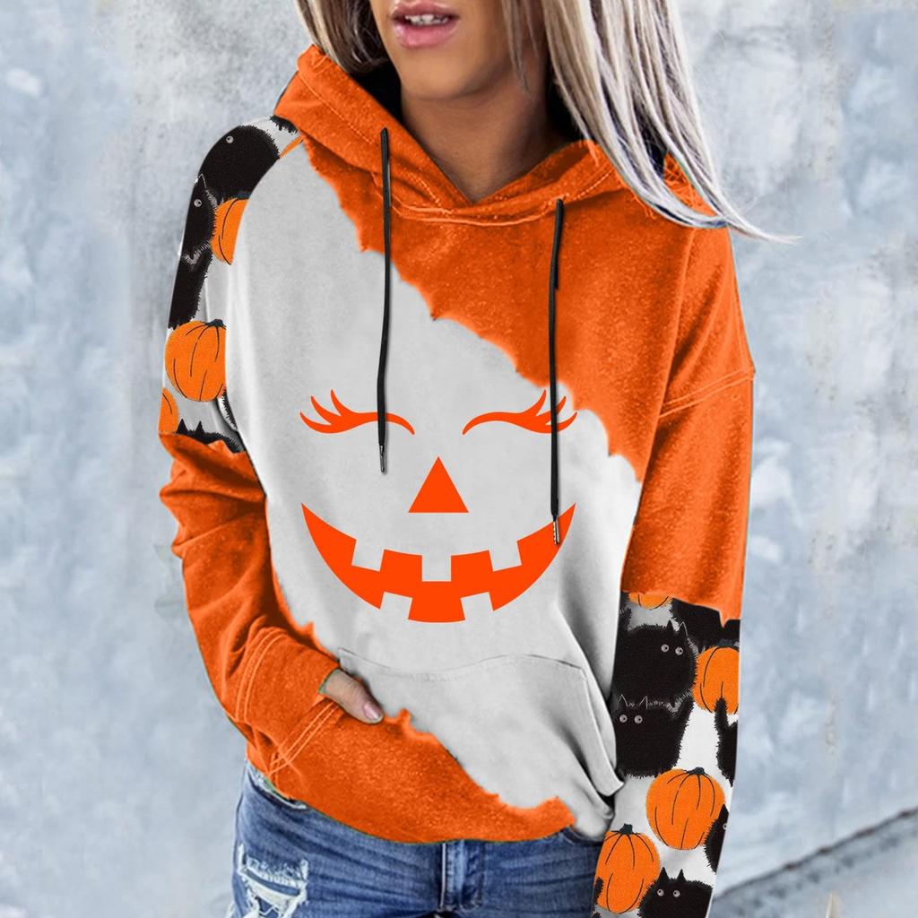 Women's Casual Fashion 2022 Halloween Print Long Sleeve Pullover Hooded Top