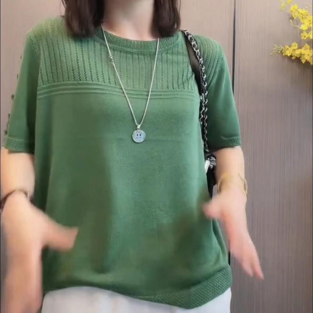 Summer New Middle Aged Women's Ice Silk Knitted Shirt Short Sleeve T-shirt Plus Size Top