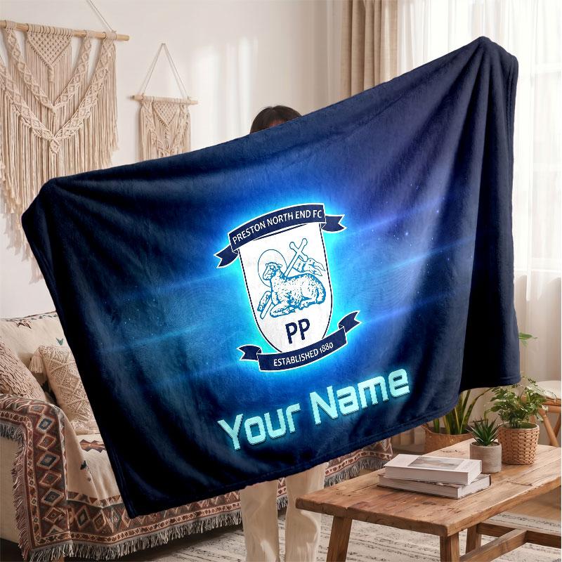 Preston North End Personalized Fleece Blanket With Football Logo, Custom Name Text Soft Warm Home Throw Blanket