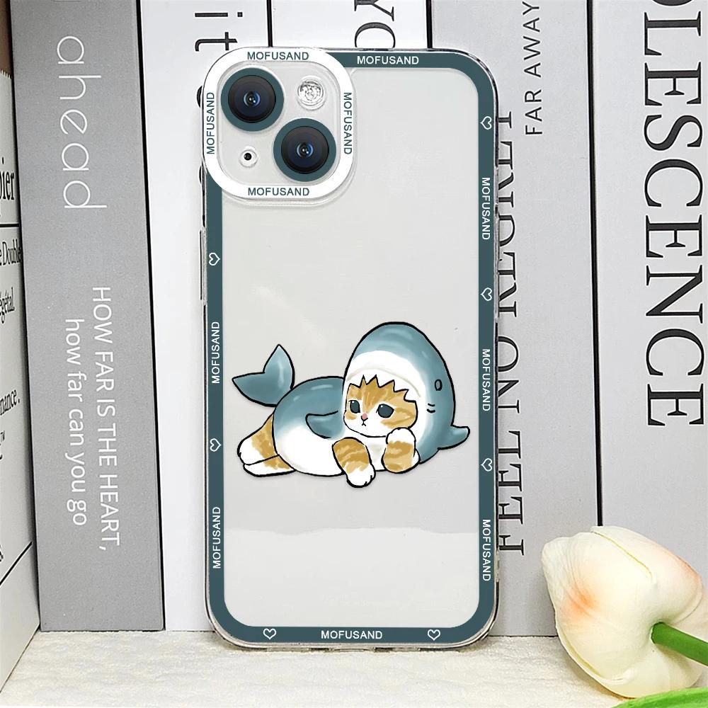 Süße Cartoon-Tier Katze Hai Handyhülle für IPhone 14 16 15 11 12 13 Pro Max Mini XS SE2 8 7 Plus Transparent Weiche Hülle Fundas