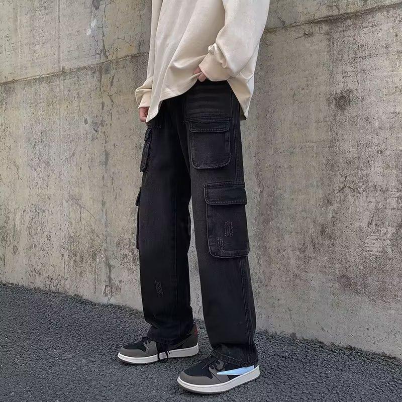 JYL Men's Cargo Jeans Multi-Pocket Hiphop Street Loose Wide-Leg Floor Denim
