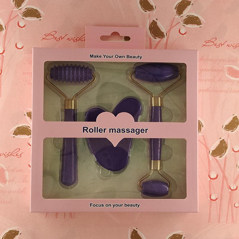3-Piece Set: Imitation Jade & Rose Quartz Gua Sha Boards with Spiky Roller Facial Massager