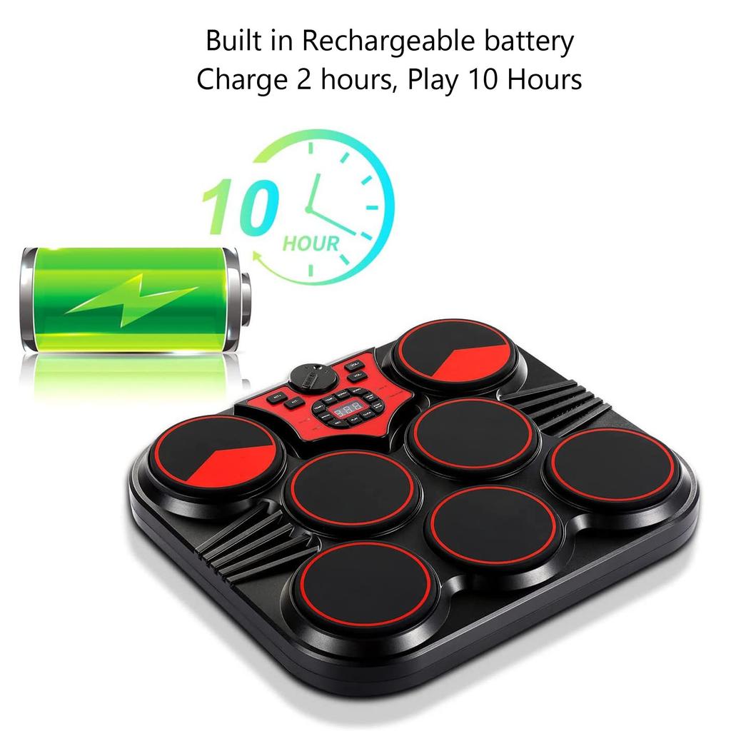 Electronic Drum Set 7 Pads Multi Sounds Rhythms USB Rechargeable Tabletop Drum Practice Pad with Sound Cable Foot Pedal