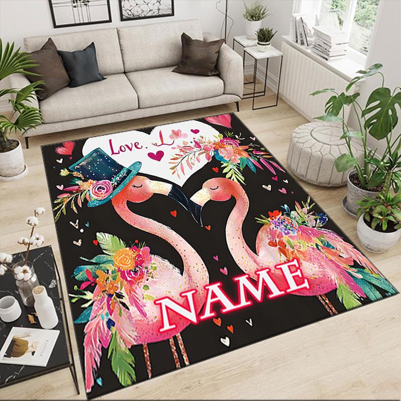 1PC Custom Name Love Flamingos Flowers Theme Floor Mat Ideal for Living Room, Game Rooms, Office, Bedroom,Floor Mat Playful Design