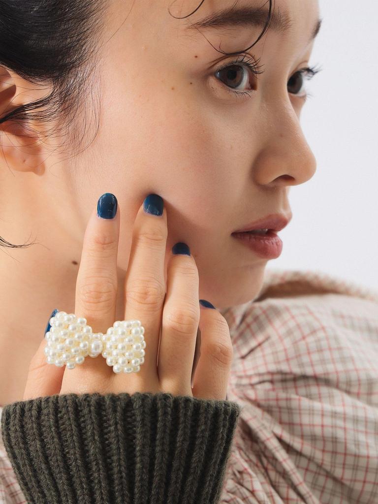 Beams Boy Women's Pearl Ribbon Ring, White, Free Size, 13421211960