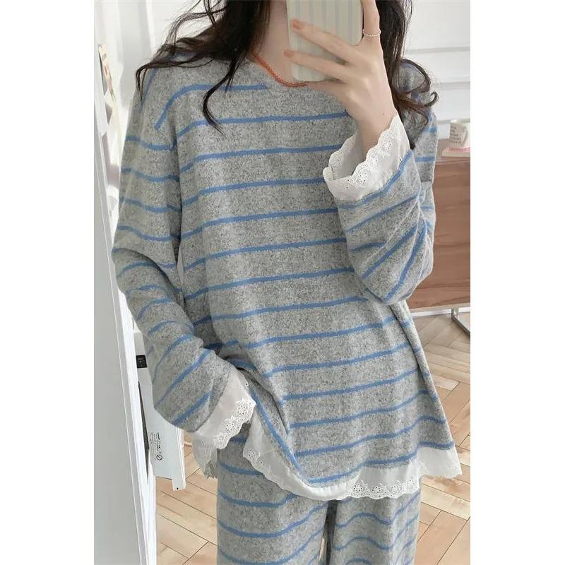 2024 Autumn New Women's Sleepwear Loose-Fit Casual Home Clothes Striped Simple Floral Edge Korean Style Pyjamas Set