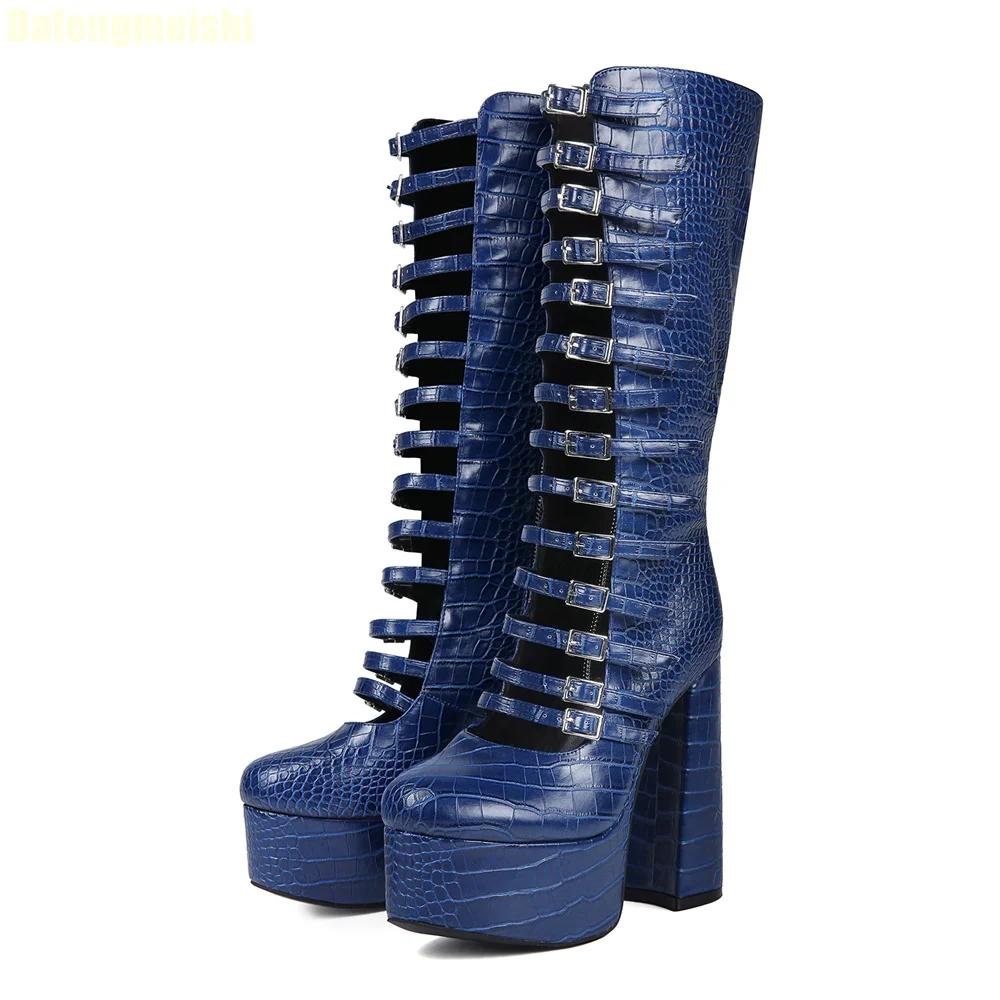 2025 New Hollow Knee-High Boots Crocodile Pattern Sexy Boots Platform Zipper Square Heel Buckle Strap Women Pole Dance Shoes