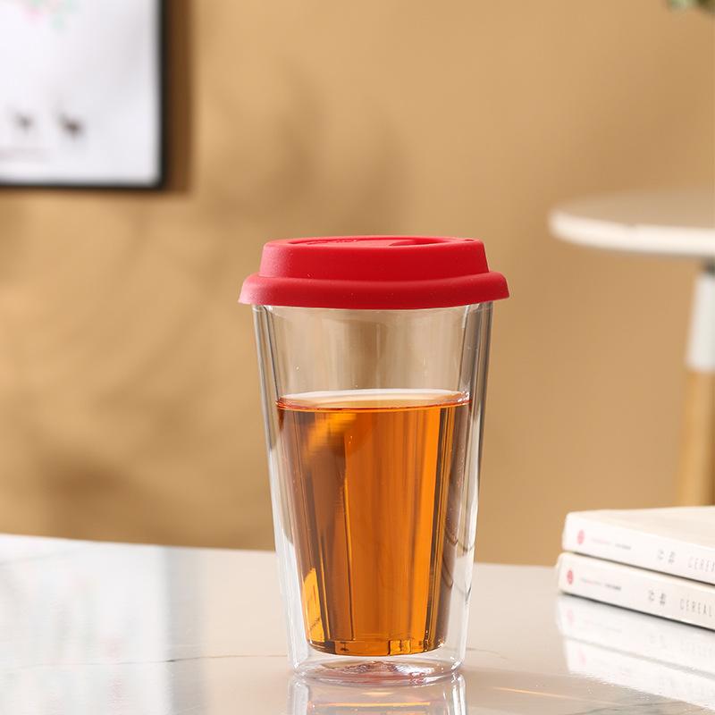 insulative 12oz 350ml double wall glass coffee cup mug with silicone lid 301-400ml красный