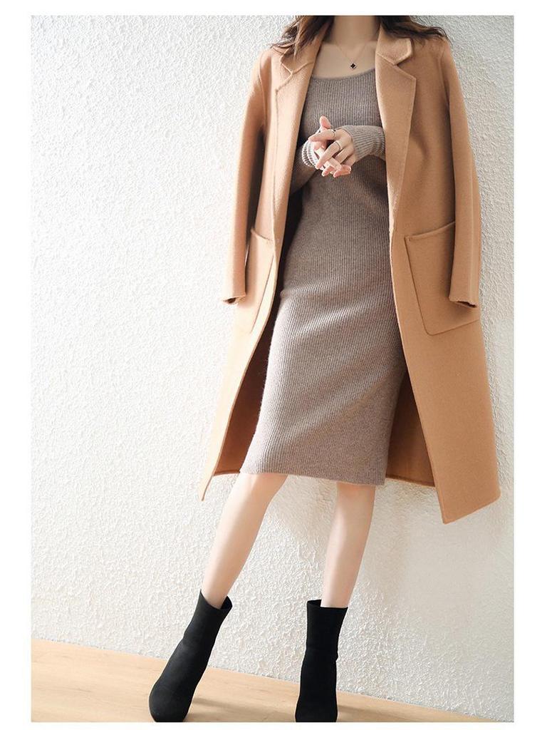 Women's Pure Wool Long-Sleeve Knit Dress, Mid-Length, Over-the-Knee, Slimming; Ideal as a Base Layer for Autumn and Winter.