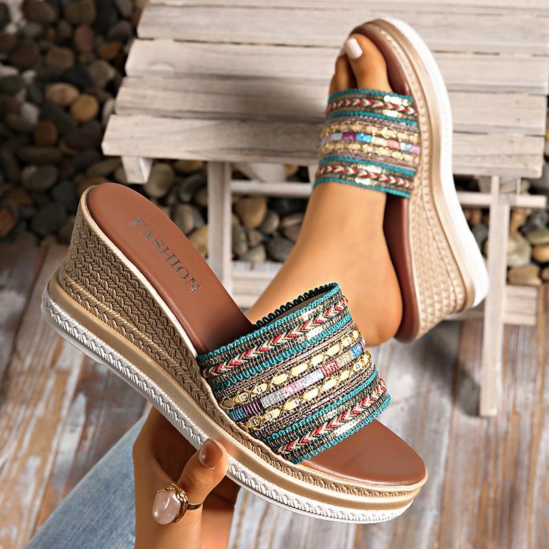 

Fashion Bohemian Striped Braided Wedge Sandals Women Summer Thick Sole Outdoor Beach Slides Woman Plus Size 43 Fashion Platform Slippers 43 небесно-голубой