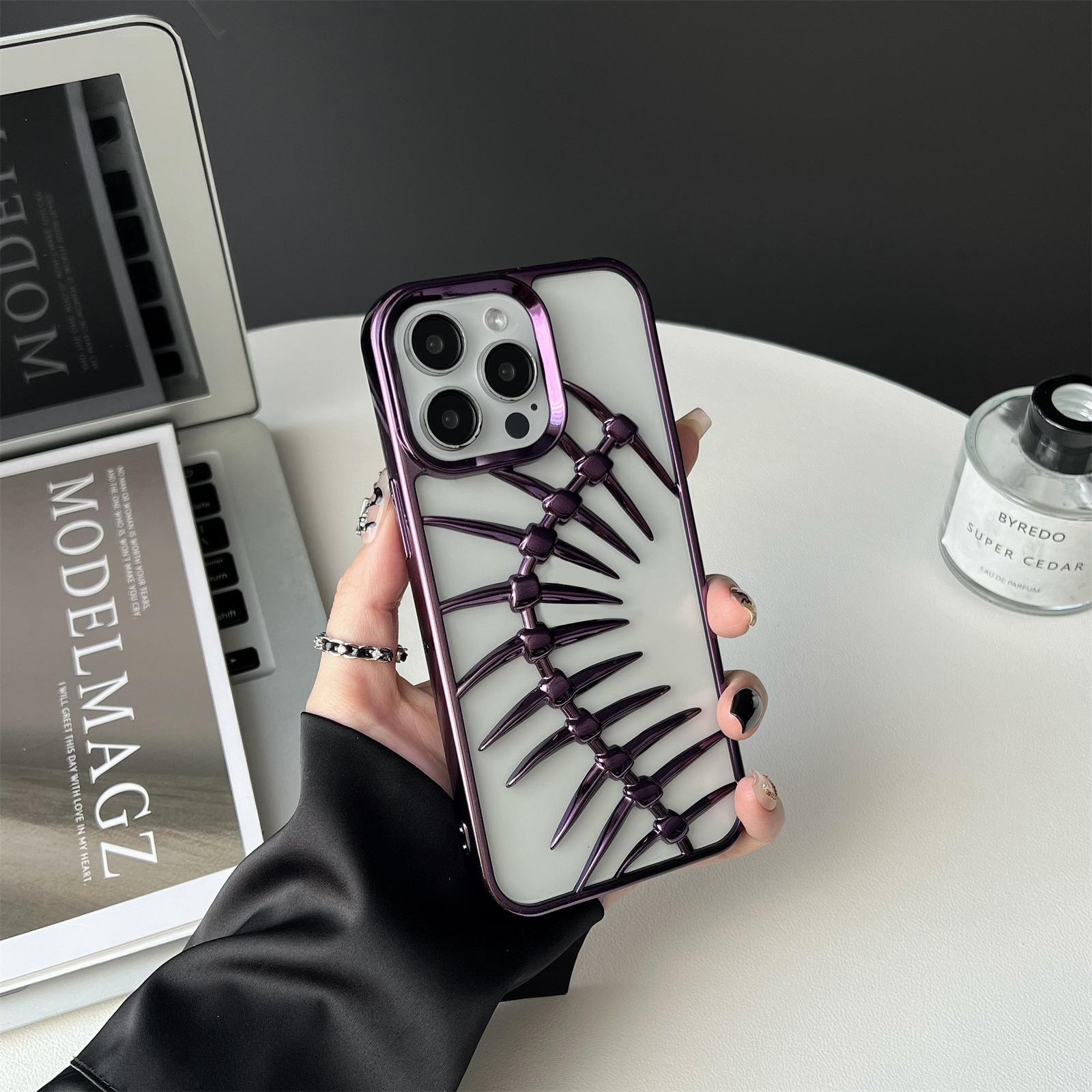 

For iPhone 16 Pro Max Case Electroplated TPU Phone Shell Hollow Heat Dissipation Fish Bone Design Purple