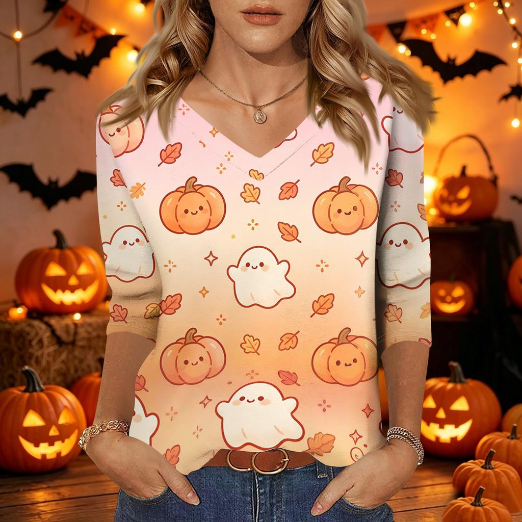 Women Casual Halloween Print V Neck Three Quarter Sleeve Top Lightweight Comfortable Fit Stylish Design for Daily Wear