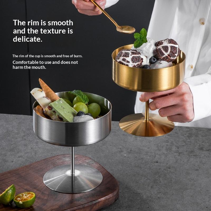 Edelstahl Dessertbecher Puddingbecher Luxus Eisbecher Hoher Fuß Joghurt Dessertbecher Servierteller Obstschale Kuchenplatte