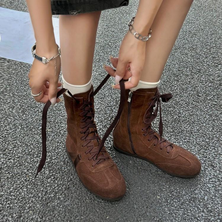 2025 Autumn and Winter New Retro Cow Flip British Martin Boots Side Zipper Round Head Flat Bottom Brown Leather Short Boots Women