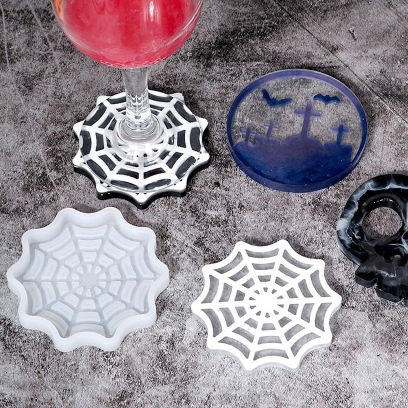 Diy Homemade Mold Coffee Coaster Cobweb Skull Graveyard for Creative Silicone Mold Crystal Placemat Mold for Diy Craft