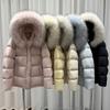 Womens Short Puffer Jacket With Large Raccoon Fur Collar Hooded 90% White Duck Down Warm Thick Parka Winter