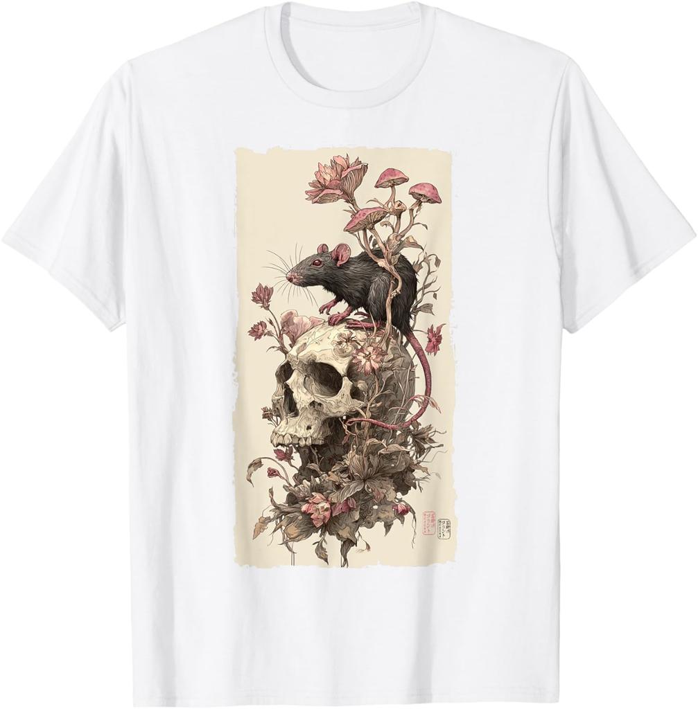 Gothic Rat Skull Mushroom Print Mens Casual Cotton Graphic Tee Soft Breathable TShirt