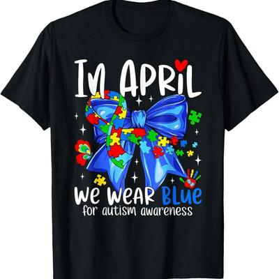 In April We Wear Blue Autism Awareness Puzzle Bow T-shirt