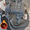 Grey hooded long sweater skirt waist temperament thickened velvet casual dress women's new winter
