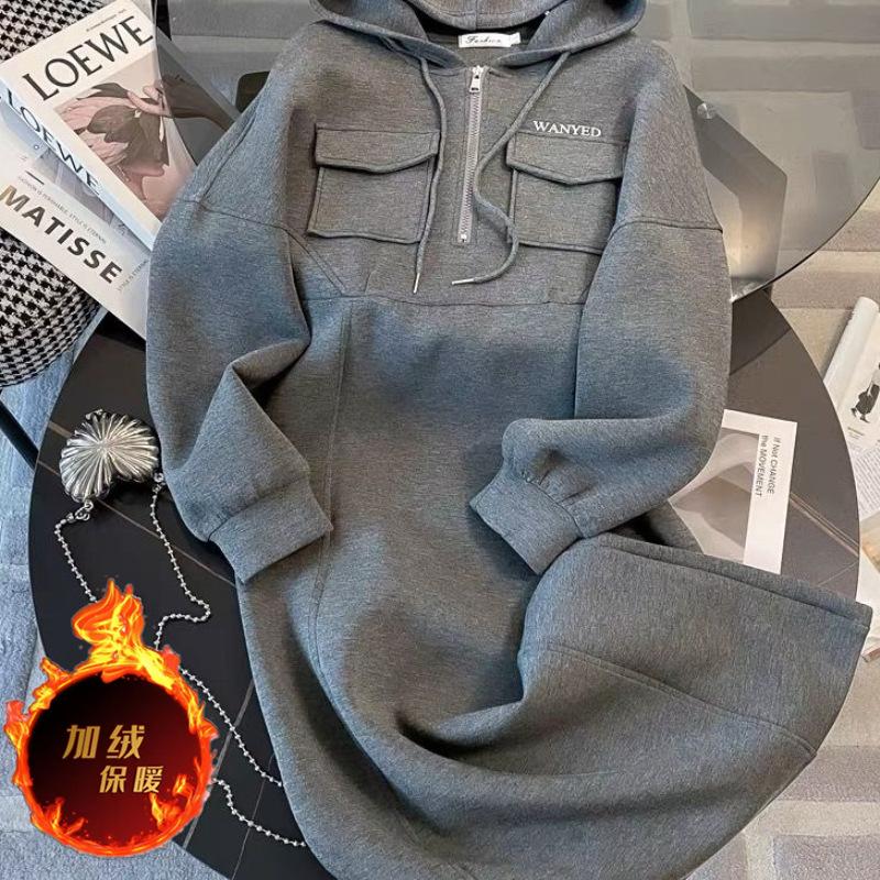 Grey hooded long sweater skirt waist temperament thickened velvet casual dress women's new winter