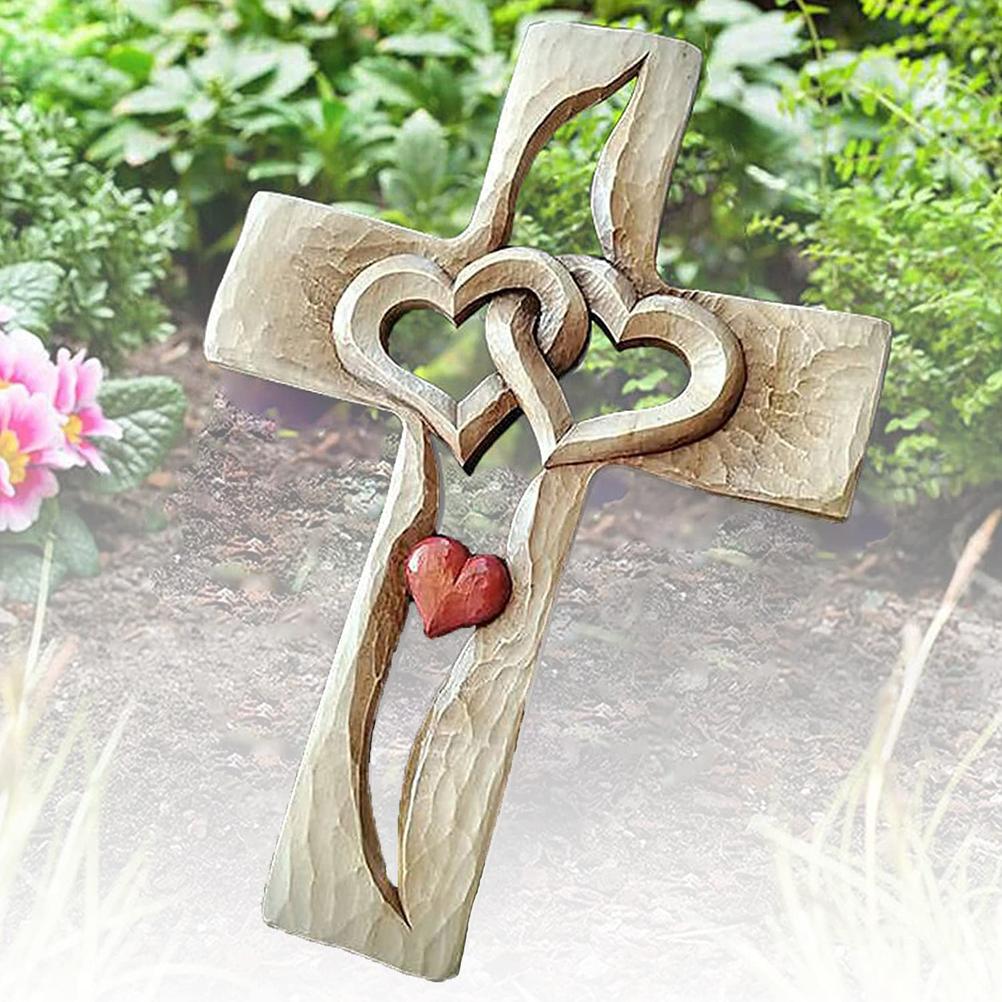 Carved Cross Intertwined Hearts Love Wooden Cross Hand Carved Design for Wall Hanging Home Living Room Decor