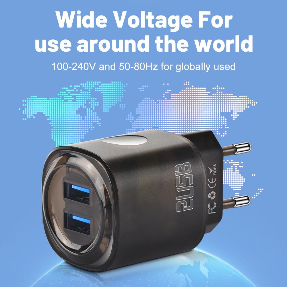 Dual USB Phone Charger 2.4A, 2-Port US/EU Travel Adapter