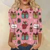 Women's Fashion Casual Round Neck Three-quarter Sleeve Christmas Print T-shirt Top