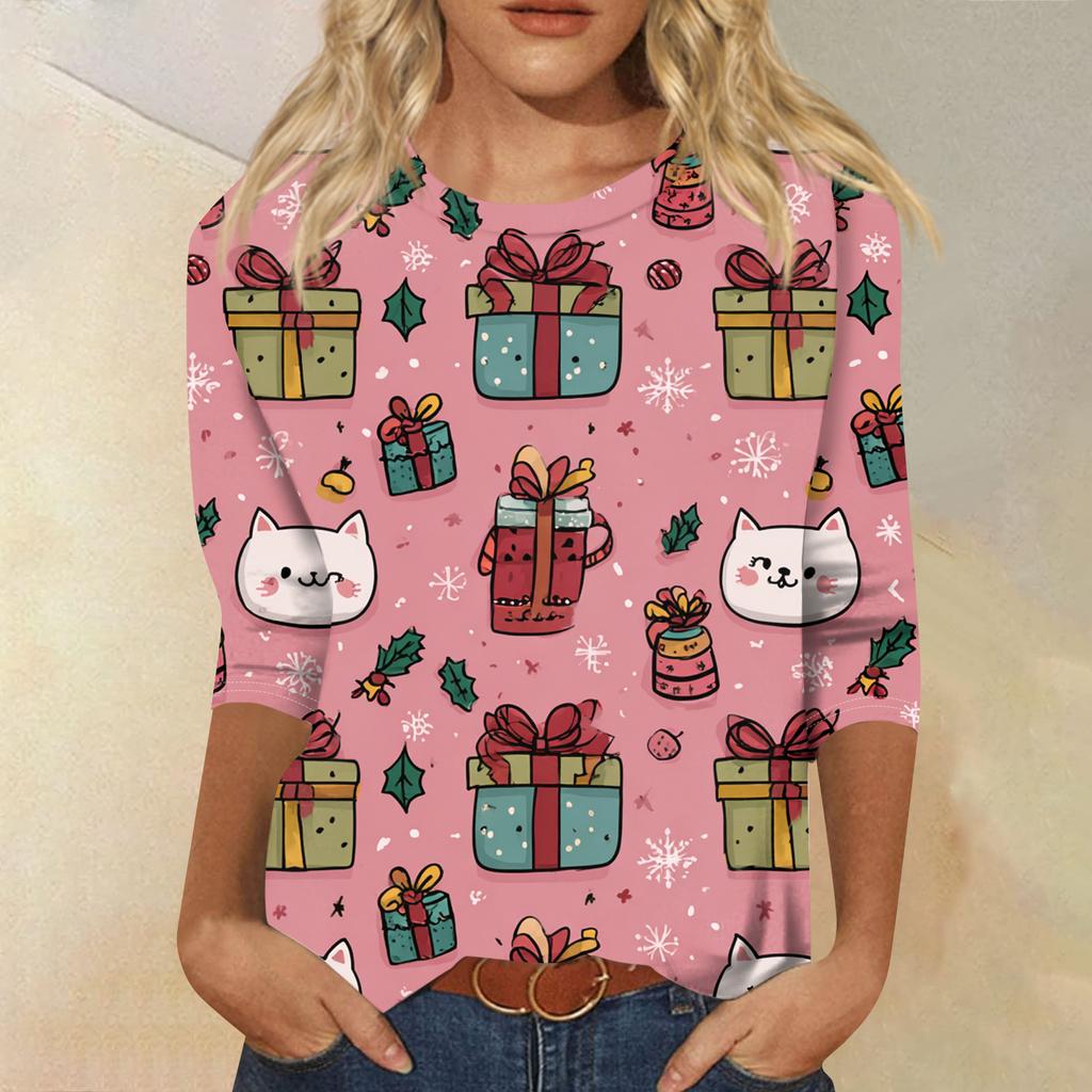 Women's Fashion Casual Round Neck Three-quarter Sleeve Christmas Print T-shirt Top