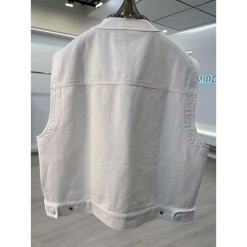 Women's White Denim Vest Sleeveless Button Front Multi Pocket Casual Loose Fit Outerwear