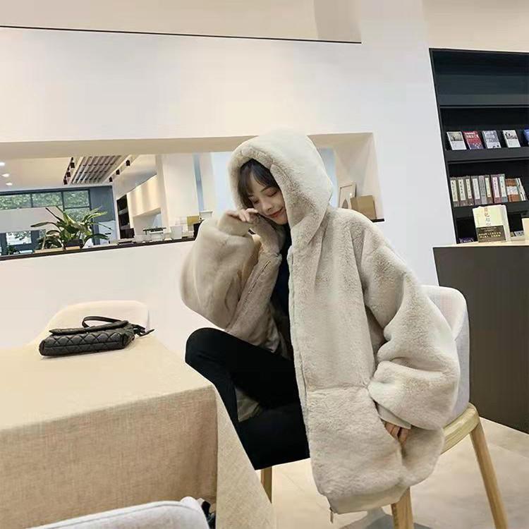 Loose Plush Jacket Women's Imitation Fur Coat Thickened Hooded Long Cotton Autumn and Winter Large Size Black