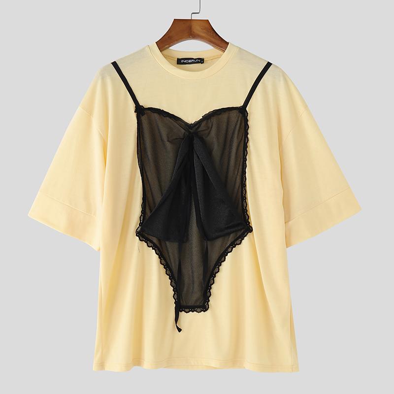 

INCERUN Мужские футболки с коротким рукавом и круглым вырезом, свободные, с кружевной вставкой, забавные 5XL абрикосовый