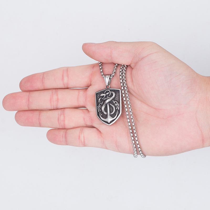 European & American Hip Hop Men's Steel Necklace: Dog Tag with Snake & Anchor, Non-Fading Sweater Chain