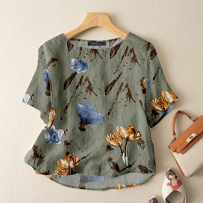 

ZANZEA Жіноча повсякденна літня блузка з круглим вирізом, коротким рукавом та принтом S зелений