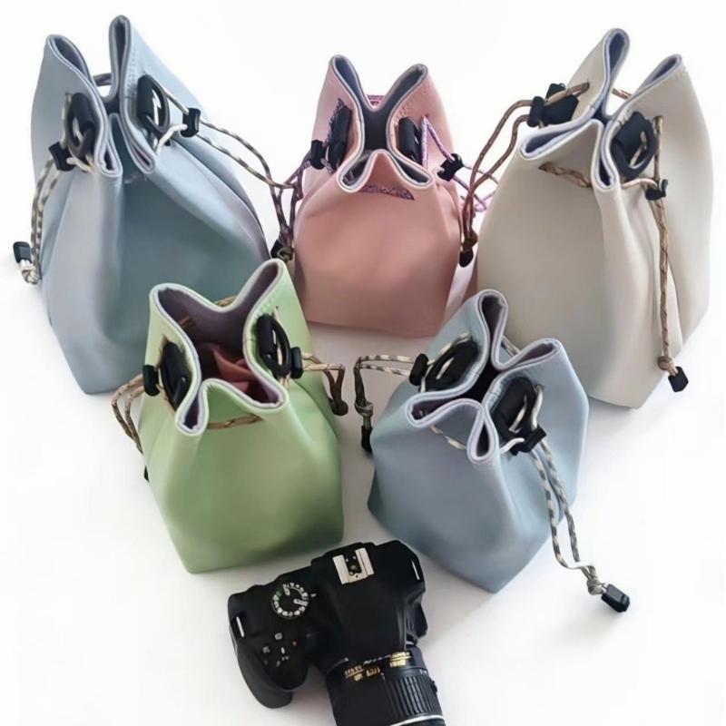 PU Leather Camera Bucket Bag Soft Camera Bag DSLR Insert Handbag Drawstring Easy Carrying Lens Case For Outdoor Travel