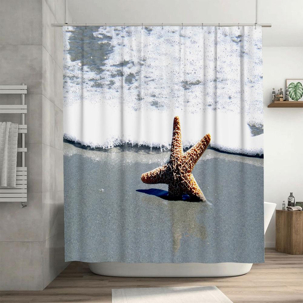 Beach Starfish Shower Curtain: Waterproof Fabric Decorative for Bathroom with Printed Blue Water Wave White Tub Caddy included (