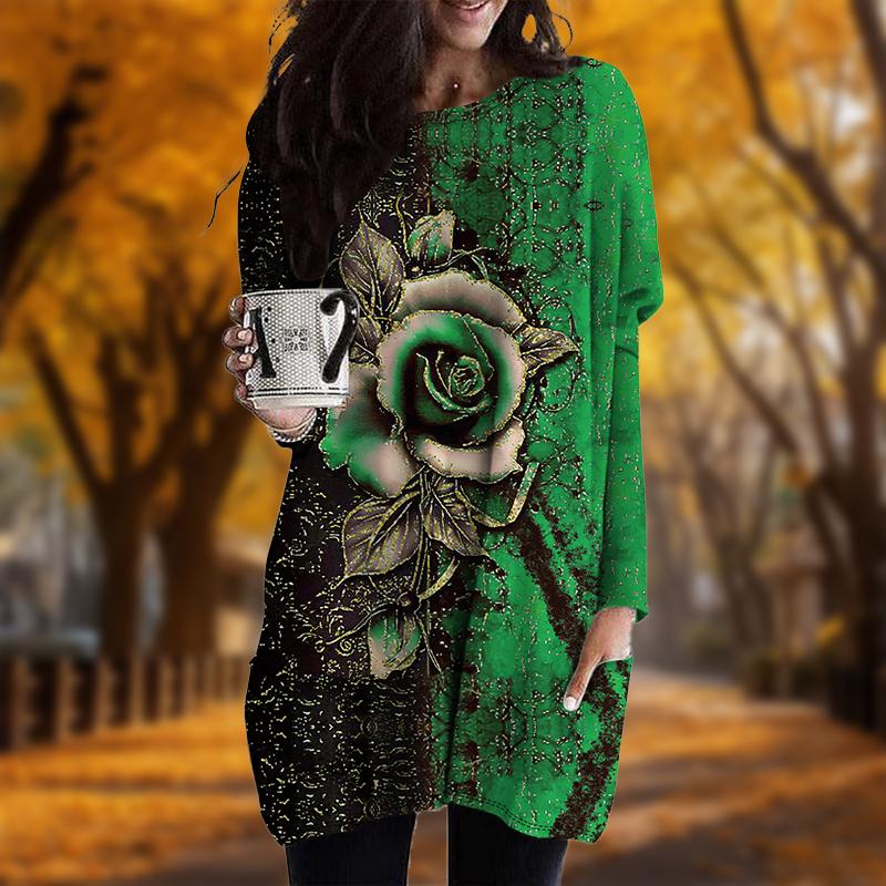 New In Autumn Metal Rose Print Plus Size Dress Women O'neck Long Sleeves Casual Pocket Dresses