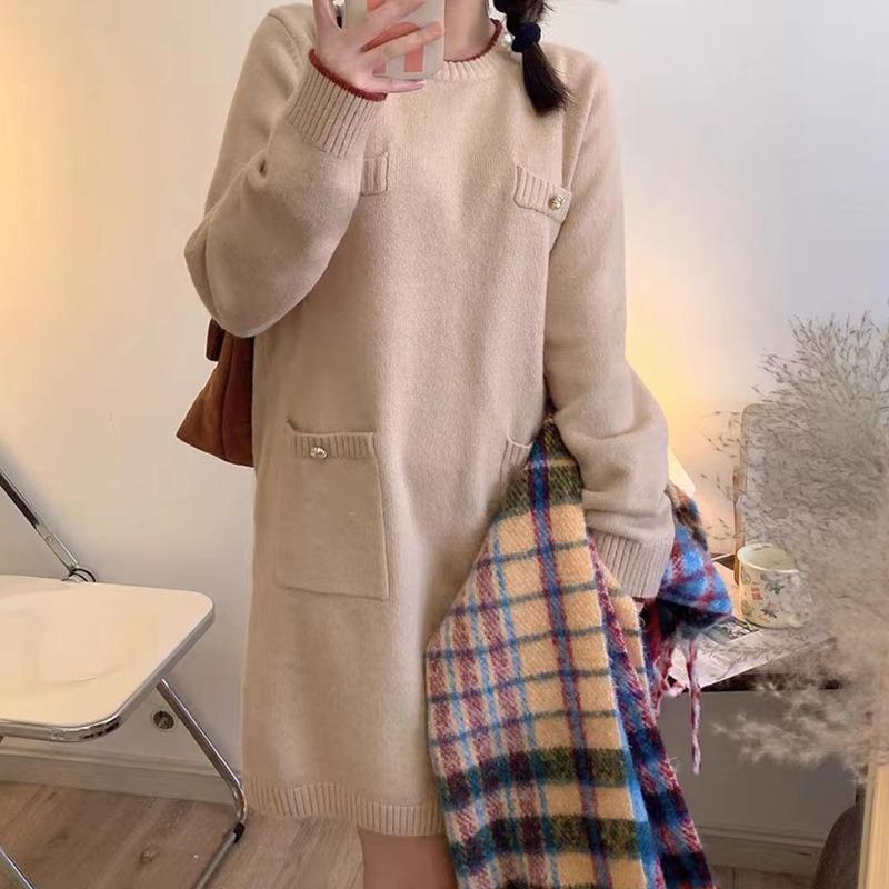 Crew neck false pocket design loose medium and long knitted dress autumn and winter new sweater skirt