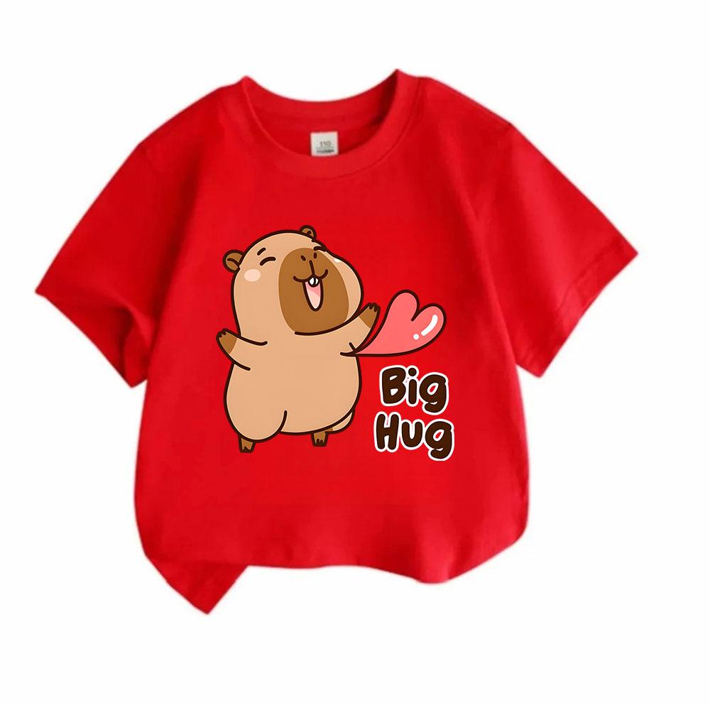 Kids Boys Girls Crew Neck Short Sleeve 100% Cotton T-Shirt, Cute Cartoon Capybara Big Hug Pattern Casual Soft Comfortable Tee for Daily Wear Holiday G