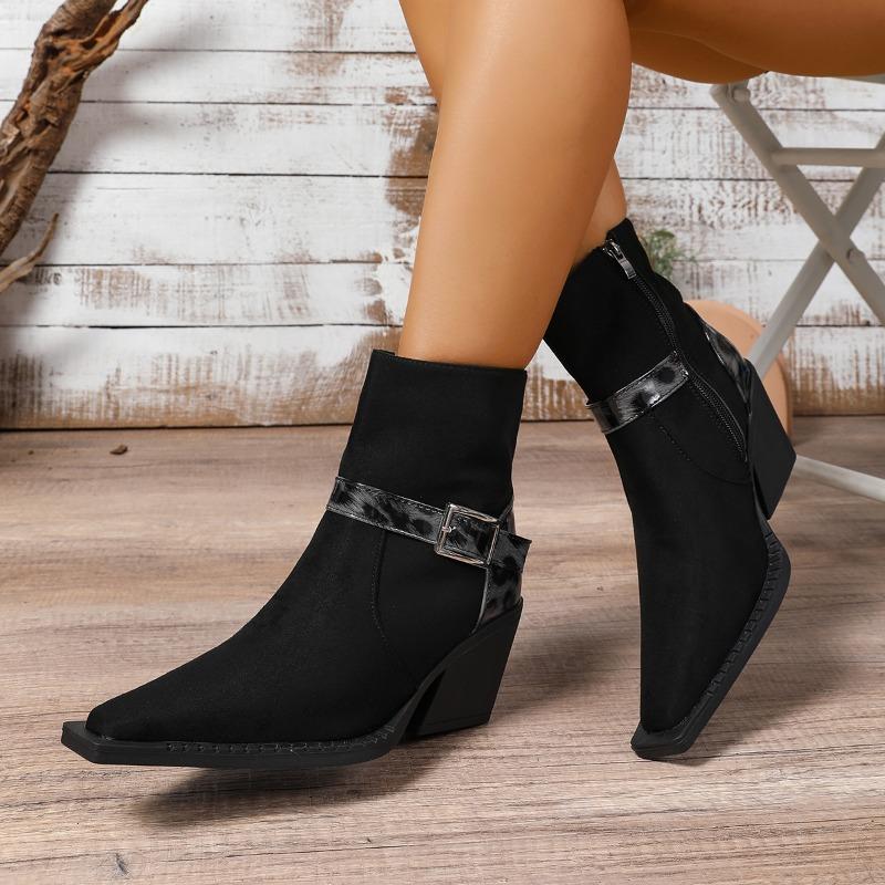 Fashion Fashion Metal Buckle Booties Autumn New Pointed Toe Side Zipper Anti-Slip Wear-Resistant High Heels