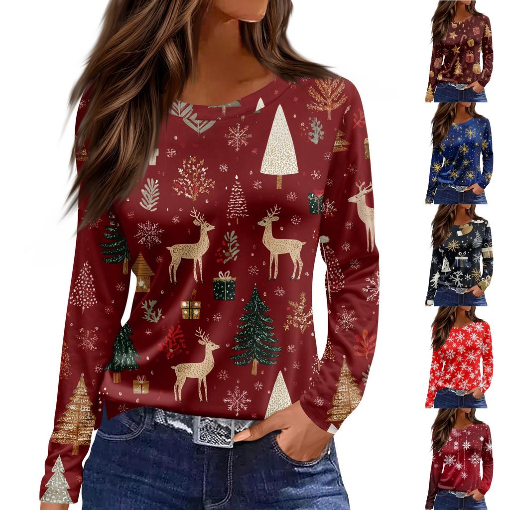 Women's Fashion Casual Slit Hem Round Neck Long Sleeve Loose Christmas Printed T-Shirt Ladies Top
