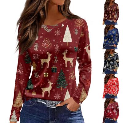 Moda Feminina Casual Bainha Fendida Gola Redonda Manga Comprida Solta Camiseta Estampada de Natal Top Feminino