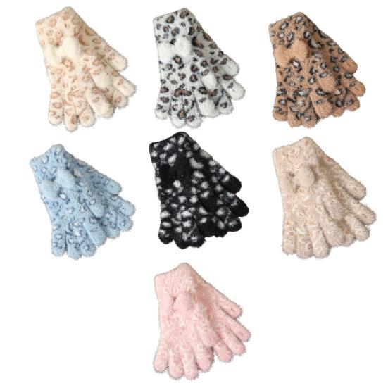 1 Pair Knitted Gloves Leopard Print Plush Warm Winter Gloves with Tie-Dye Color Bow Decoration Touchscreen Gloves