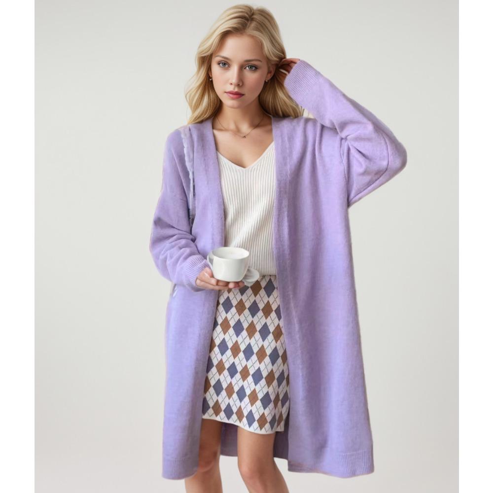 

DIMANAF 2024 Плюс Размер Кардиган Свитер Пальто Базовый Осенний Женский Однотонный Длинный Фиолетовый Куртка Большого Размера Вязание Оверсайз Повседневный Свободный Свитер